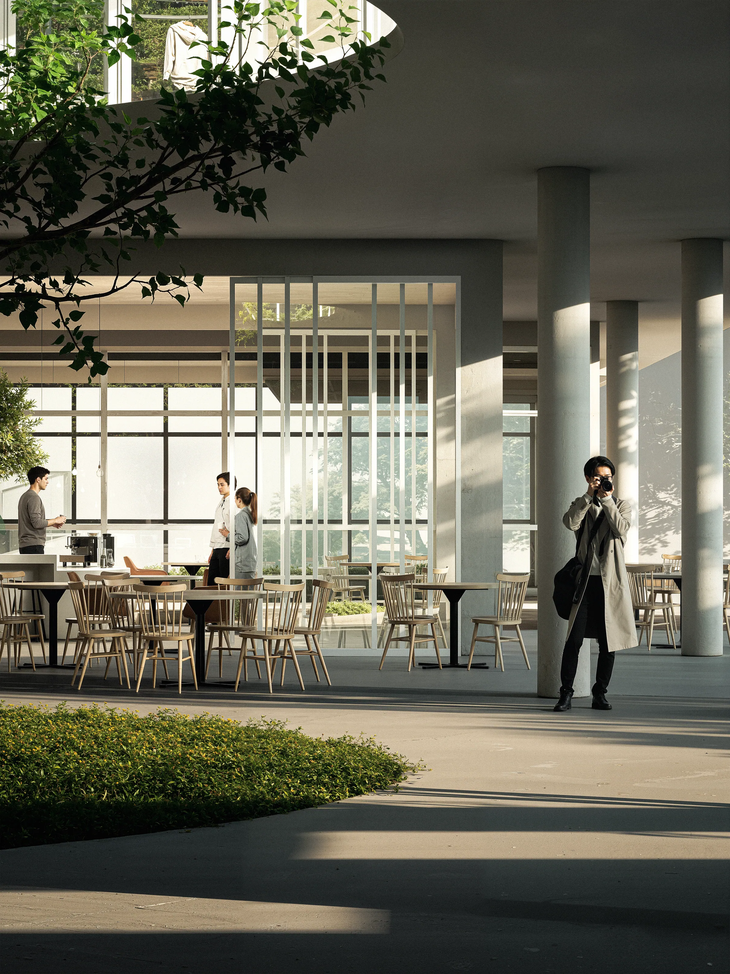 Espaço interno coberto com integração ao jardim ao fundo