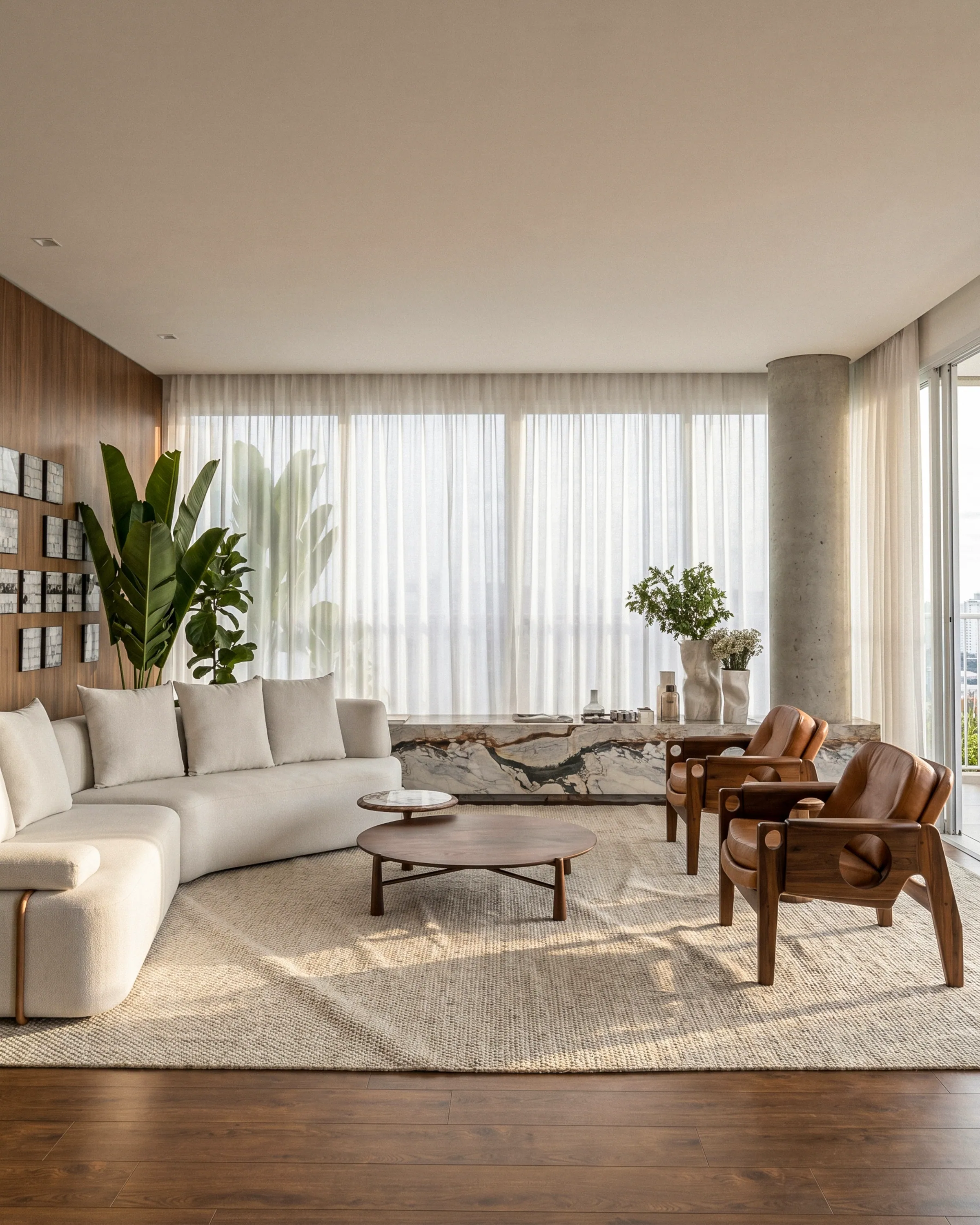 Sala de estar Living Pilot com poltrona em madeira e travertino